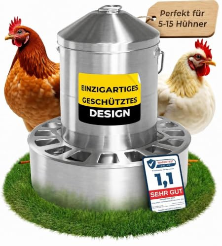 EDELTROOX® Edelstahl Futterautomat Hühner (4L / 8L / 12L Volumen) I Spart bis zu 40% Futter I aufhängbar & rattensicher I Abnehmbares klick-Gitter I Spülmaschinengeeignet I frei von scharfen Kanten