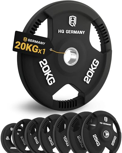 HQ Germany® Hantelscheiben 50mm [Tri-Grip Design] - Gewichte 1,25-25kg | 100% Gusseisenkern, PVC-Gummierung, drei ergonomische Griffe, ±3% kalibriert, Edelstahl-Hülse, auf 5.000 Drops getestet