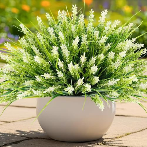N&T NIETING Konstgjord växt utomhus konstgjorda växter, 20 stycken falsk växt med blommor, UV-resistent plastväxt för utomhusbruk balkong trädgård skrivbordsdekoration balkonglådor dekoration (vit)
