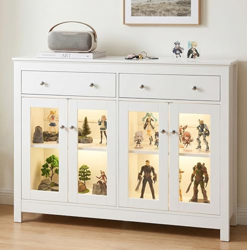 ZECIIYE Vitrinenschrank mit Glastür,Glasvitrine Holz mit 4-türig,2 Schubladen,Verstellbaren Regalen,Schmaler Vitrine Glas Weiss für Wohnzimmer Büro,140x40x90cm,Weiß