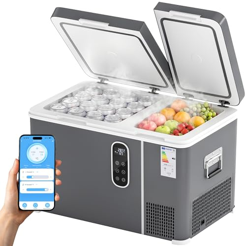 Outsunny Nevera Portátil Eléctrica 35L 12/24/240V Refrigerador de Coche con Compresor Doble Zona Control por App Bluetooth Luz LED Pantalla Modos ECO y MAX de -20℃ a +20 ℃ Asa para Viajes Camping