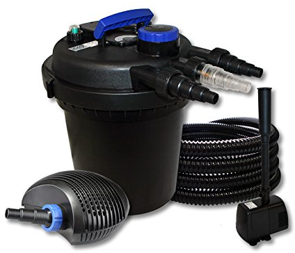 SunSun Kit complet: CPF-180 Filtre de bassin à pression jusqu’à 6000L avec 11 W Lampe uv, CTF-3800 SuperECO pompe de filtration 3600l/h 20W, 25m Tuyau 25 mm (1), HJ-943 ECO fontaine 800l/h 16W