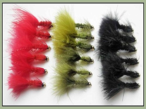 Woolly Bugger Forellenfliegen, 18 Stück, Rot, Schwarz und Olivgrün, gemischte Größe 8/10, Angeln