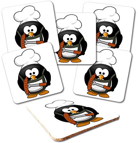 ADDIES Glas-Untersetzer 6-TLG.Set Bedruckt Motiv Cartoon Pinguin-05 Komplett-Set in hochwertiger Klarsicht-Geschenkbox und Korkrückseite Linux