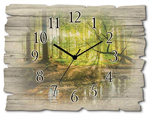 ARTLAND Wanddeko Wanduhr ohne Tickgeräusche aus Holz Funkuhr 40x30 cm Rechteckig Lautlos Wald Landschaft Bach Sonne Natur Design Originell Nordic T9IO