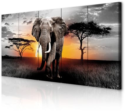 decomonkey Wandbilder Afrika Elefant Tier 150x60 cm 5 Teilig Leinwandbilder | Bild auf Leinwand, Kunstdruck, Wanddeko, Wohnzimmer, Wanddekoration, Landschaft, Baum, grau, orange