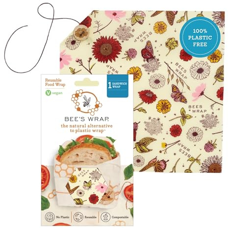 Bee's Wrap Soy Reusable Single Sandwich Wrap : Vegan | Button & Tie Closure - Plastic Free - Organic Plant Based Wraps - Reusable Lunch Wrap - Sandwiches & Snacks - Made in USA