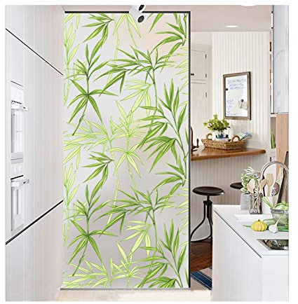 Siunwdiy Grünes Bambusblattmuster ablösbare fensterfolie,ablösbare fensterfoliekleberfreie elektrostatische Glasfolie,fensterfolie Blickdicht Bad,A,60x200cm