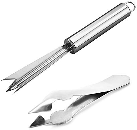 Ananas Samenentferner Edelstahl V-Form Ananasaugenschäler - 1x Augenschäler, 1x Schneid-Clip, Ananas Augen Schaufel, Kann auch Stamm-Entferner für Erdbeere, Kartoffeln, Karotten usw