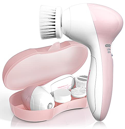 TOUCHBeauty Spazzola Elettrica per Pulizia Viso 3 in 1, 3 Testine per Pelle Grassa, Secca e Sensibile, Pulitore Viso Elettrico Portatile con Custodia, 2 Velocità(Rosa Opalo)