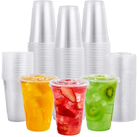 FOCUSLINE 200 PACK 16oz Clear Plastic Cups with Lids, Disposable Cold Drinking Cups, 16 Ounce Large Clear Cup with Flat Lids with Holes for Smoothie, Milkshake, Bubble Tea, Parfait