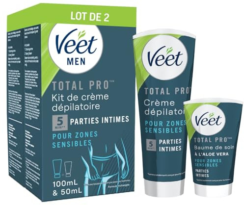 VEET FOR MEN - Lot de 2 Kits épilation Zones Intimes - 2 Crèmes Dépilatoire 100ml et 2 Baumes de Soin 50ml - Peaux Sensibles