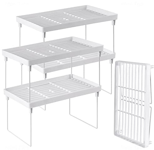NiHome Paquete de 4 estantes apilables de plástico para almacenamiento de cocina, organizador de gabinete y estantes expandibles