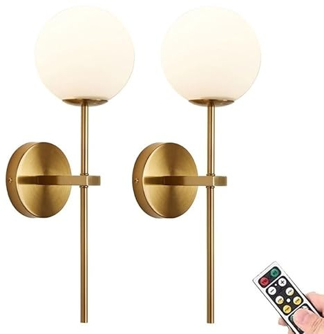 KEFA Juego de apliques dorados pilas, pantalla cristal moderno, iluminación latón sin cableado, luces regulables pilas
