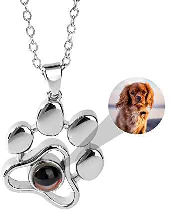 Drawelry Personalisierte Foto Projektion Halskette mit Figur Haustier Bild Gravur Anhänger Herz Form Kette Memorial Necklace Schmuck Geschenke für Frauen Ehefrau Mutter Freundin (Hunde Pfote)