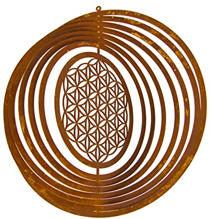 Metall Windspiel Blume des Lebens 3D zum Hängen und Drehen Edelrost Baumdeko Rost Gartenhänger Made in Europa D=18 cm