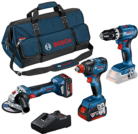 Bosch Professional Combo Kit GSB 18V-45 + GDX 18V-200 + GWS 18V-7 (incl. 2 batterie da 5.0 Ah, caricabatteria GAL 18V-40, in borsa degli attrezzi media)
