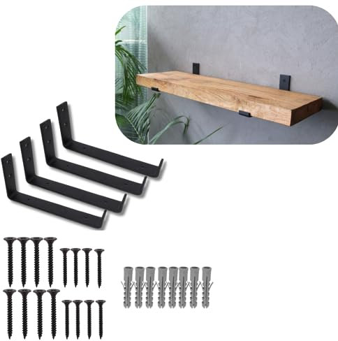 Lang Horn 4 X Heavy Duty Shelf Brackets for Shelves, Shelf Bracket for Scaffold Board Shelving - Strong Industrial Style, Made from 5mm Steel - 225x40mm (4, Black)
