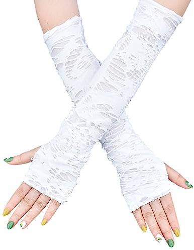 OTKARXUS Halloween-Handschuhe, 1 Paar, Unisex, Punk, fingerlos, Cosplay, Bettler, zerrissene Handschuhe, Gothic-Handschuhe für Halloween, Party, Kostüm, Zubehör, weiß, One size