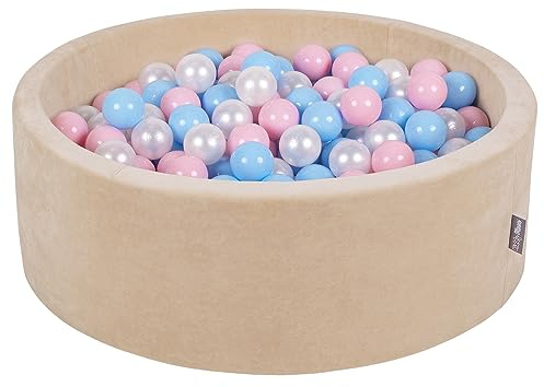 KiddyMoon Mjuk rund 90 x 30 cm/300 bollar 7 cm/2,75 tum för barn, skum sammet boll pool baby lekbollar, sandbeige: babyblå/ljusrosa/pärla
