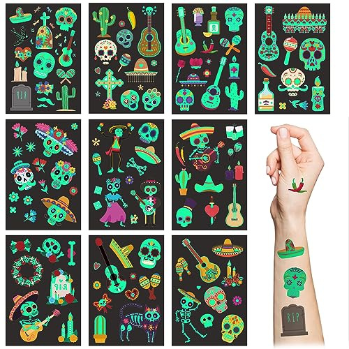 Tag der Toten Temporäre Tattoos für Kinder,10 Blatt mexikanisches Fiesta leuchtet im Dunkeln Totenkopf Skelett Kaktus Tattoo-Aufkleber-Set für Mädchen, Jungen, Halloween, Cinco De Mayo, Partyzubehör