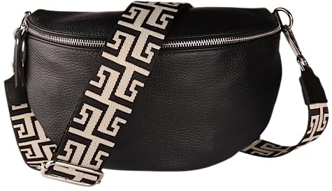 MIRROSI® Bauchtasche Damen, Echtleder, Made in Italy, Umhängetasche, Brusttasche, Crossbody Bag (1 Tasche & 2 Gurte) (Schwarz (NN Black Beige), Mittelgroße Tasche (25x16x7cm))