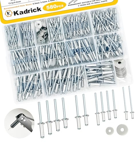 Kadrick 580Pcs Pop Rivets Assortment Kit,Commonly Used Aluminum Blind Rivets in 4 Diameters: 3/32 1/8 5/32 3/16,Gripping Range of 2mm to 12mm,Including 60Pcs Washers