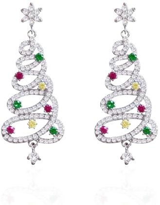 Christmas Tree Earrings for Women,Color Diamond Xmas Earring,Sterling Ear Acupuncture,Ladies Sparkly Zircon Drop,Girls Ears,Holiday Costume Accessories,Fashion elegant Cute Gifts Earings (Rainbow)