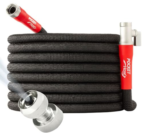 Pocket Hose Silver Bullet 2.0 Expandable Garden Hose 100-FT with Turbo Shot Nozzle, AS-SEEN-ON-TV, Lead-Free, Solid Aluminum Connectors, Easy On/Off Valve, Kink-Free, Leak-Proof | Expandable Water Hose with Turbo Shot Nozzle, Flexible Garden Hose, Kink-Free, Leak-Proof & Lightweight