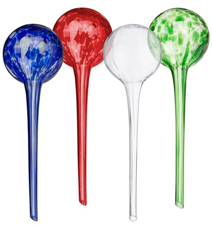 Relaxdays Set of 4 Glass Watering Globes, H x D: 30 x 9 cm, Watering Balls for Plants, Watering Aid Holiday, Colourful