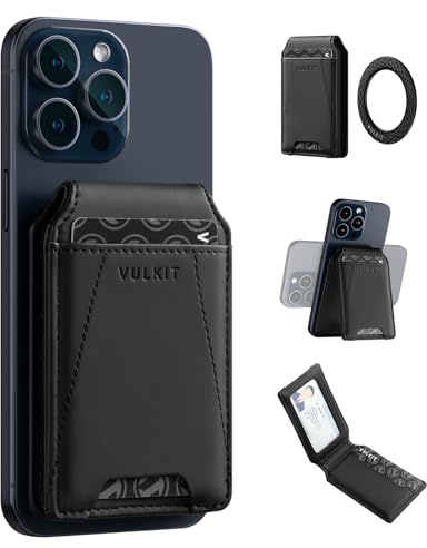 VULKIT Cartera Magnética Compatible con MagSafe Wallet, Cartera para Teléfono con Soporte Ajustable, para iPhone 15/14/13/12 Series, 4 Ranuras para Tarjetas Cuero, con Anillo Magnético Extra Adhesivo