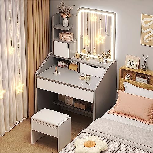 Baodiale Tavolo da trucco Vanity Desk per ragazze, con luci con 3 modalità colori, Set da trucco per trucco con specchio e sgabello, Tavolo da trucco Vanity Desk con 2 cassetti Toilette vintage per c