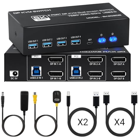Switch KVM Displayport 2 PC 2 Écrans, 8K 60Hz / 4K 120Hz Commutateur KVM DP 1.4 Dual Monitor USB 3.0, Supporte le Mode Étendu et Copie, avec Contrôleur de bureau et 6 Câbles 4DP+2USB