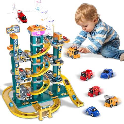 Xwin Sportseries Parking Garage Toy Set for Kids, 4-Storey Parking Lot Playset Preschool Car Games Toys for Kids Vehicle Playsets Race Car Ramp Track Toy for 3+ Year Old