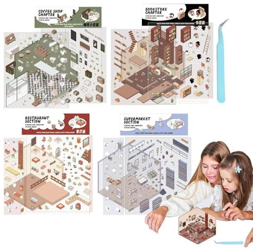 4 Sets DI-Y House Stickers - Make Your Own Supermarket, Coffee Shop, Restaurant, Bookstore Scene Sticker for Adult Kid Relief Stress Pass the Time