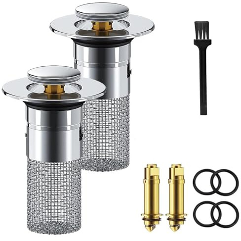 Hefo 2 Stücke WaschbeckenstöPsel 34-40mm Abflussstopfen, Universal Pop Up Haarsieb Waschbecken mit 1 Stück Reinigungsbürste, Edelstahl 304 Ablaufventil Mit Sieb, Silber Abflussstopfen füR Aufsatzwasch