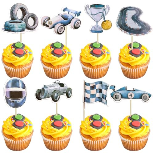 Gyufise 36Pcs Race Car Cupcake Toppers Racing Car Party Cake Decorations for Race Car Theme Baby Shower Birthday Party Decoration Supplies Blue