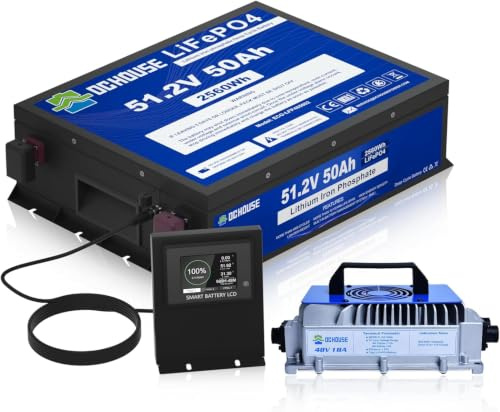 DCHOUSE Batería de Litio 48V 50Ah con Cargador 18A, Bluetooth Inteligente, Pantalla LCD Táctil, Protección Baja Temperatura, BMS 100A, 200A Pico, Larga Duración para Solar y Carrito de Golf