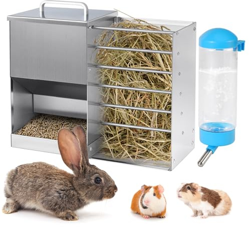 2 in 1 Automatic Rabbit Cage Feeder, Large Capacity Hay Feeder with 500ML Water Bottle, Stainless Steel Food Dispenser for Bunny, Guinea Pig, Chinchilla, Hamster & Small Rodent Pets