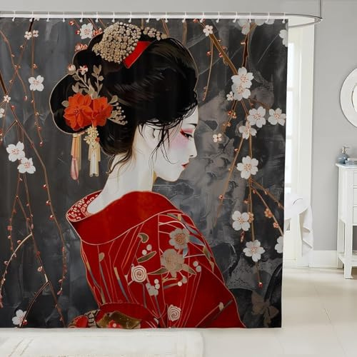 PUOJIEAT Duschvorhang 120 x 200 Japanische Frau, 3D Duschvorhang Waschbar Japanische Kirschblüten Shower Curtains Anti Schimmel Wasserdicht Duschvorhänge für Badezimmer Badewannen mit 8 Ringe Q/B591