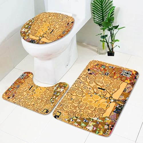 Badrumsmatta abstrakt gult träd WC matta med utsnitt WC lockskydd 3 delar WC matta halkfri badrumsset U-formad badmatta tvättbar badrumsmattor set 50 x 80 cm