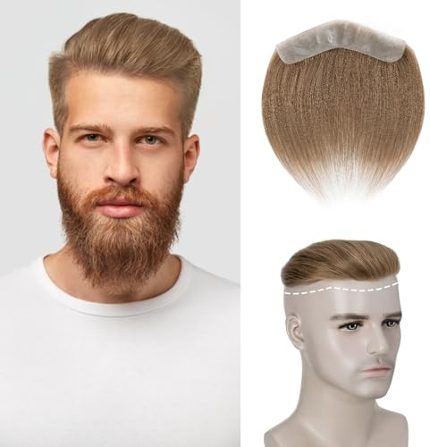 Elailite Men's Hairline V-Shaped Forehead Toupee Real Human Hair Seamless PU Base Hairpiece Fringe Bang Replacement System (#06 Light Brown, 6 Inch)