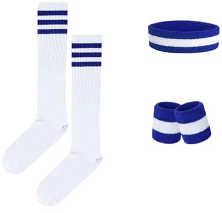 Lufdegim Schweissband und Socken Set, 80er 90er Jahre Schweißband Gestreiftes Stirnband, Armband, Gestreifte Hohe Socken für Damen Herren Sport Laufen Radfahren Karneval Kostüme Party (Blau)
