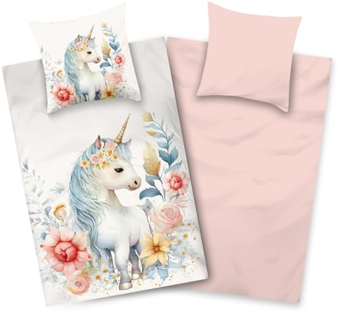 Aminata kids Bettwäsche Einhorn 135x200 cm Mädchen Jugendliche mit Reißverschluss - vorteilhaft für Allergiker und bügelfrei da Mikrofaser (100% Polyester)