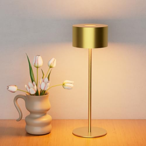 Zexwixs Lampada da Tavolo Senza Fili Metallo Dorato, H:25cm Lampada da Comodino Ricaricabile USB-C, 3 Temperature Colore, Lampada da Scrivania IP54 Impermeabile per Ristorante, Camera da Letto, Bar