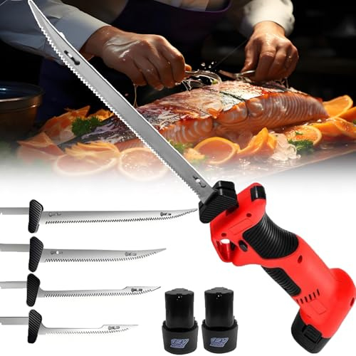 ErShangMao Nuevo Cuchillo Eléctrico Inalámbrico De Filetear Pescado con Movimiento Alternativo-Cuchillo Eléctrico Profesional para Filetear Y Descamar Pescado con 4Cuchillas Y 2Baterías De 2000Mah
