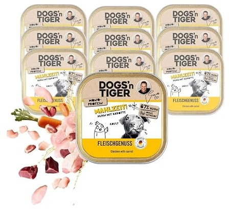 Dogs'n Tiger Mahlzeit Nassfutter Hund Schale, Huhn & Karotte, 10x 150g | Hundefutter nass, Monoprotein, hoher Fleischanteil, getreidefrei, ohne Zuckerzusatz, gut verträglich