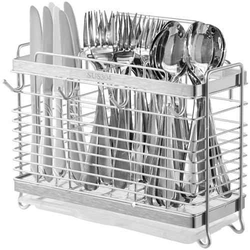Stainless Steel Utensil Drying Rack, Utensil Drainer Metal Basket, 3 Compartments Utensil Wire Holder with Drain Tray, Kitchen Countertop Cutlery Organizer with 4 Hooks for Forks Spoons Chopsticks