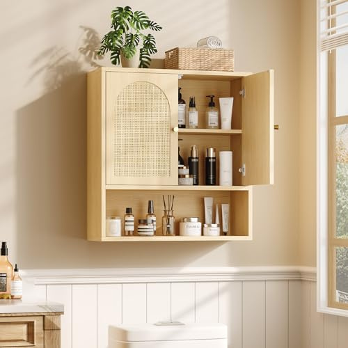 Bonnlo Badezimmerschrank Hängend, Hängeschrank Bad, Badezimmer Hängeschrank, Badschrank Hängend, Wandschrank mit 2 Türen & 3-stufig Verstellbarer Ablage & offenes Ablagefach, 58x20x62cm, Ratten