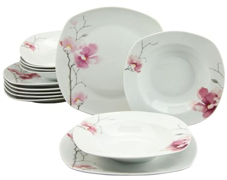 CreaTable, 20194, Serie Amelie AIKO, 12-teiliges Geschirrset für 6 Personen, Tafelservice aus Porzellan, spülmaschinen-und mikrowellengeeignet, Qualitätsproduktion, Blütenmotiv, modern